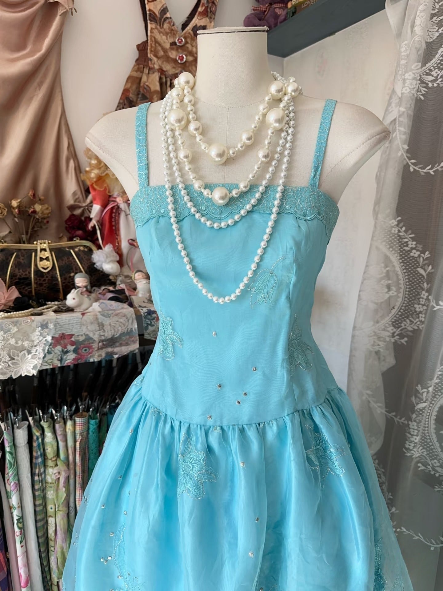 Vintage Fashion A line Spaghetti Straps Light Blue Floor Length Evening Dress Prom Dresses SD1901