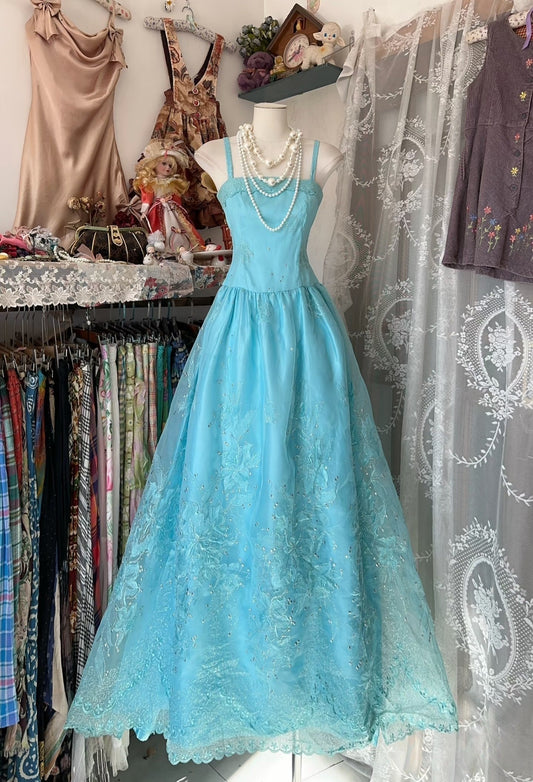 Vintage Fashion A line Spaghetti Straps Light Blue Floor Length Evening Dress Prom Dresses SD1901