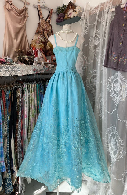 Vintage Fashion A line Spaghetti Straps Light Blue Floor Length Evening Dress Prom Dresses SD1901