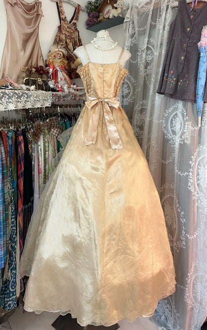 Vintage Ball Gown Spaghetti Straps Sleeveless Long Gold Evening Dress Prom Dresses SD1905