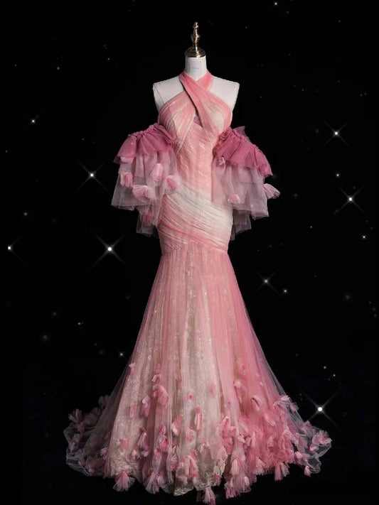 Pink Retro Gorgeous Fashion Floral Strap Long Tulle Floor Length Mermaid Slim Fishtail Skirt Ball Gown Evening Gown Prom Dress gh3619
