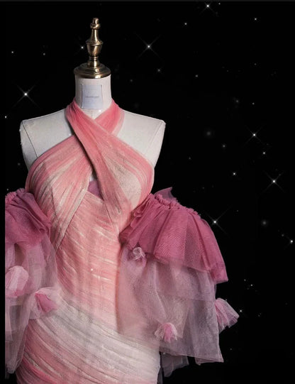 Pink Retro Gorgeous Fashion Floral Strap Long Tulle Floor Length Mermaid Slim Fishtail Skirt Ball Gown Evening Gown Prom Dress gh3619