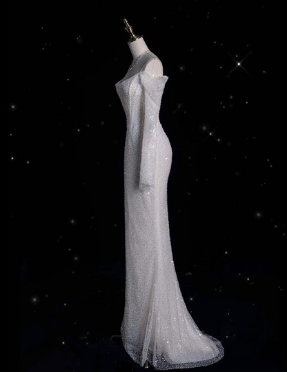 Unique Mermaid Off The Shoulder Long Sleeves Wedding Dresses Sequin Brides Dress SD1918