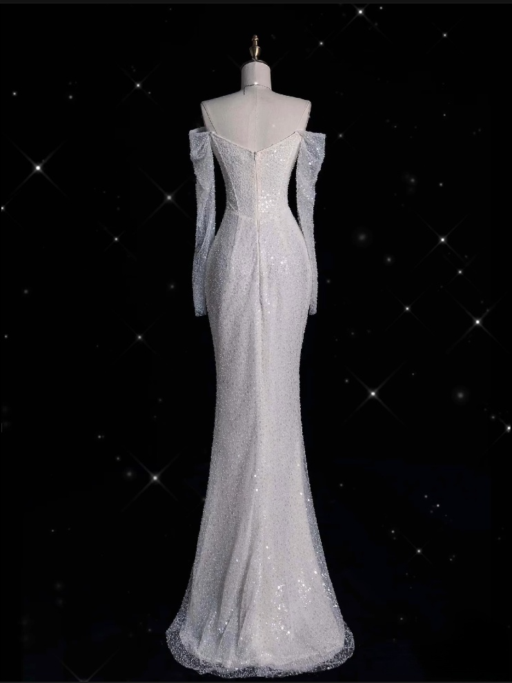 Unique Mermaid Off The Shoulder Long Sleeves Wedding Dresses Sequin Brides Dress SD1918