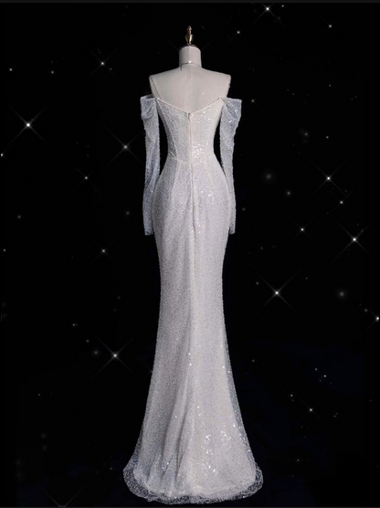 Unique Mermaid Off The Shoulder Long Sleeves Wedding Dresses Sequin Brides Dress SD1918