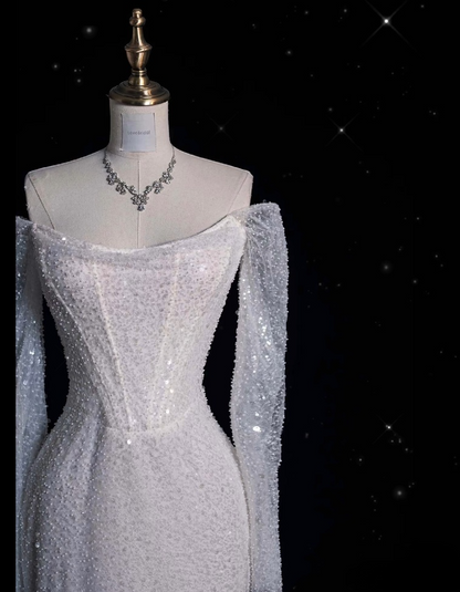 Unique Mermaid Off The Shoulder Long Sleeves Wedding Dresses Sequin Brides Dress SD1918