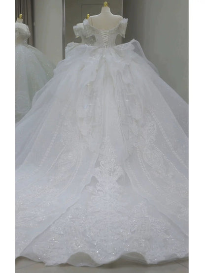 Pretty Ball Gown Off The Shoulder Short Sleeves Sequin White Wedding Dresses Brides Dress SD1954