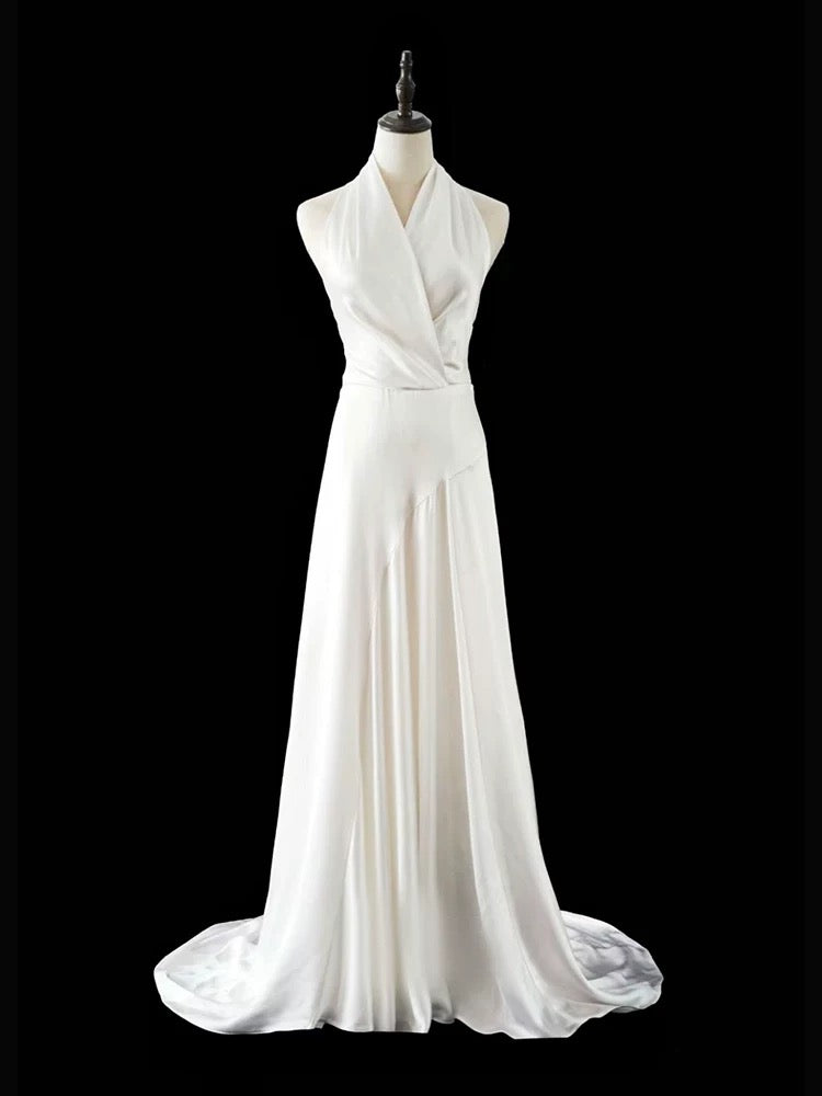 Timeless A line Halter Satin White Wedding Dresses Brides Dress SD1966