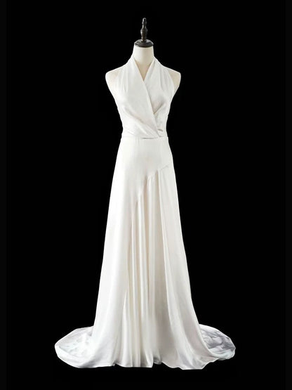 Timeless A line Halter Satin White Wedding Dresses Brides Dress SD1966