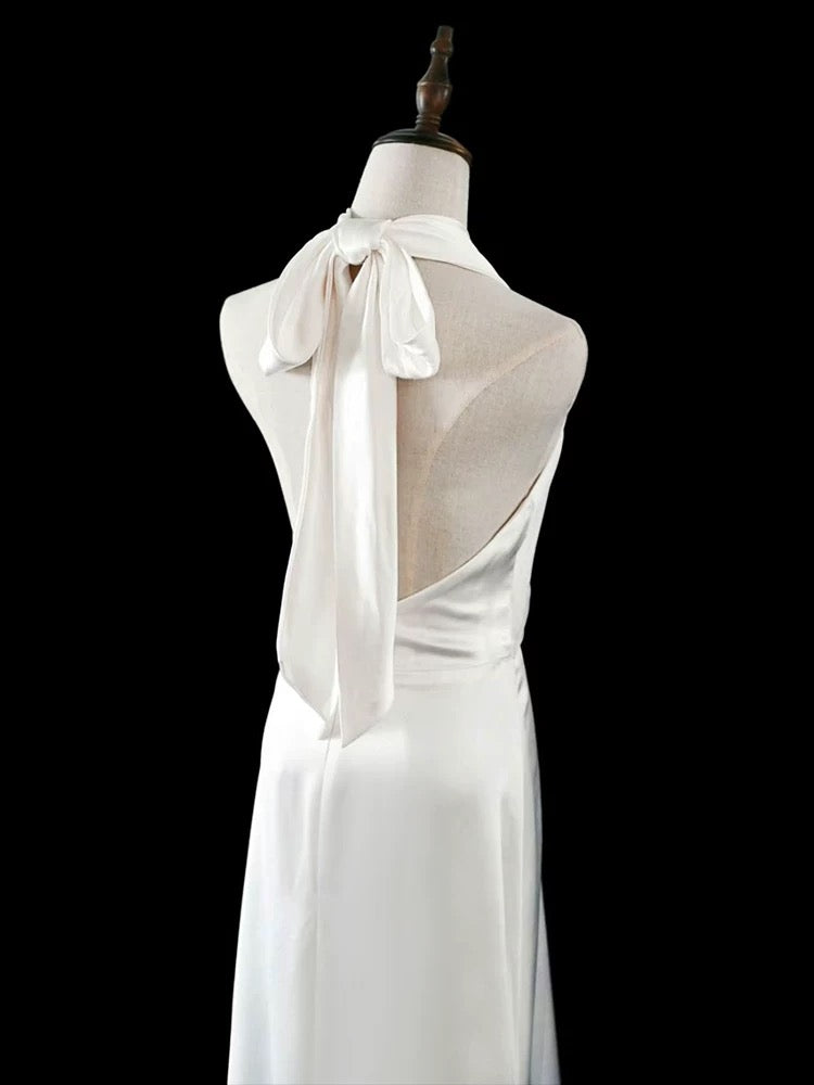 Timeless A line Halter Satin White Wedding Dresses Brides Dress SD1966