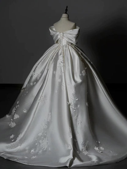 Timeless Ball Gown Off The Shoulder White Satin Long Wedding Dresses Bridal Dress SD1973