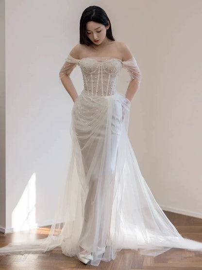 Timeless Mermaid Off The Shoulder White Tulle Long Wedding Dresses Bridal Dress SD1975