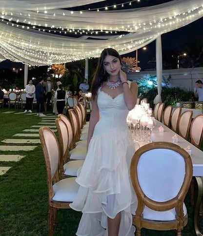 Sexy High Low Straps Neckline Sleeveless White Long Prom Dresses SD2007