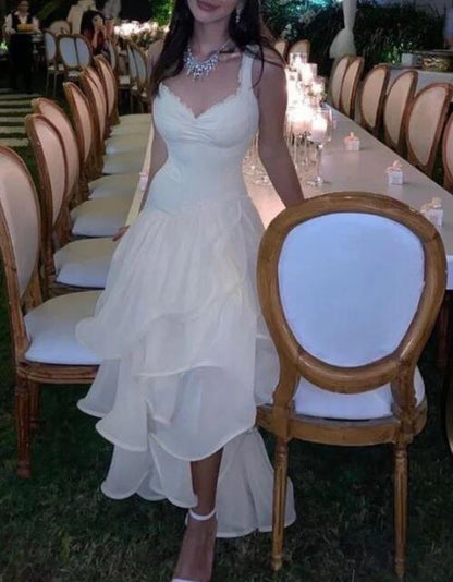 Sexy High Low Straps Neckline Sleeveless White Long Prom Dresses SD2007