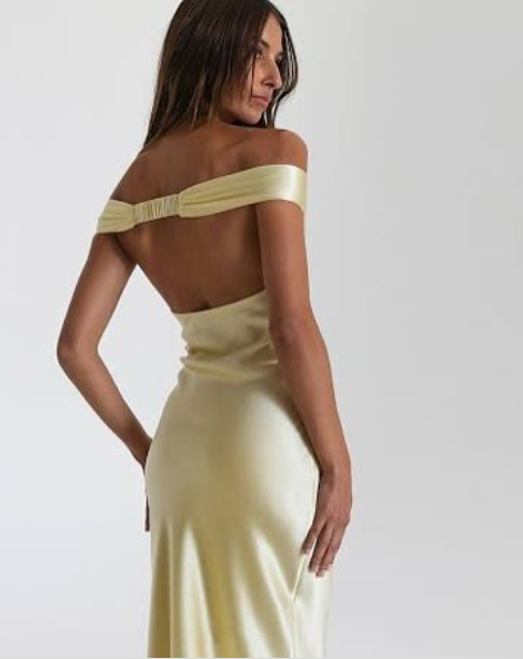 Gorgeous Sheath Off The Shoulder Yellow Satin Prom Dresses Formal Summer Wedding Guest Dresses Wedding Guest Outfits DP767