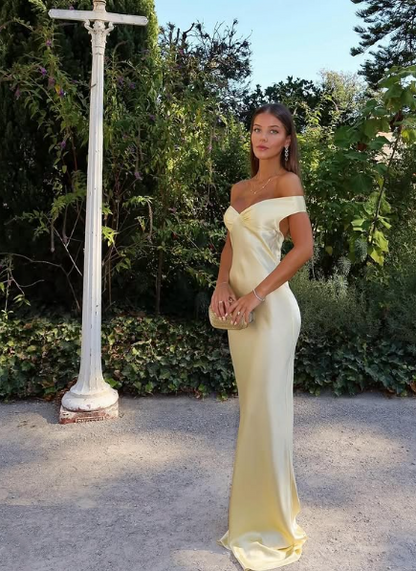 Gorgeous Sheath Off The Shoulder Yellow Satin Prom Dresses Formal Summer Wedding Guest Dresses Wedding Guest Outfits DP767