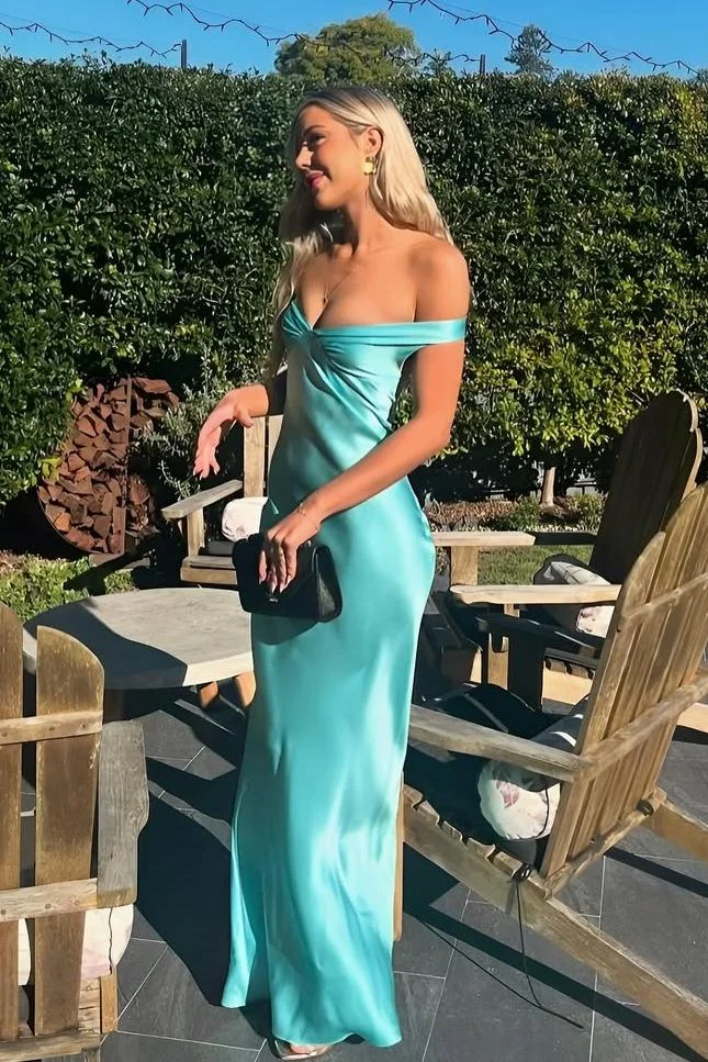 Gorgeous Sheath Off The Shoulder Yellow Satin Prom Dresses Formal Summer Wedding Guest Dresses Wedding Guest Outfits DP767