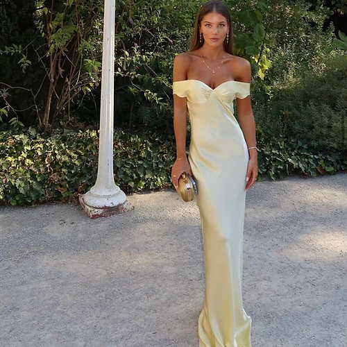 Gorgeous Sheath Off The Shoulder Yellow Satin Prom Dresses Formal Summer Wedding Guest Dresses Wedding Guest Outfits DP767