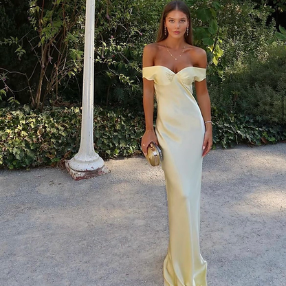 Gorgeous Sheath Off The Shoulder Yellow Satin Prom Dresses Formal Summer Wedding Guest Dresses Wedding Guest Outfits DP767