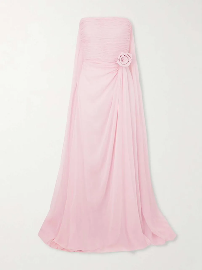 Classy A line Strapless Pink Chiffon Slit Long Evening Dress Prom Dresses SD2070