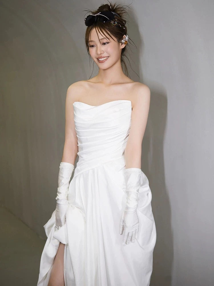 Unique Mermaid Sweetheart Pleats White Satin Ruffles Wedding Dresses SD2091