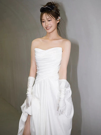 Unique Mermaid Sweetheart Pleats White Satin Ruffles Wedding Dresses SD2091