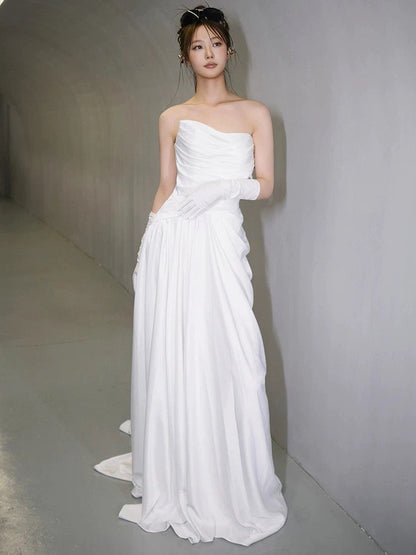 Unique Mermaid Sweetheart Pleats White Satin Ruffles Wedding Dresses SD2091