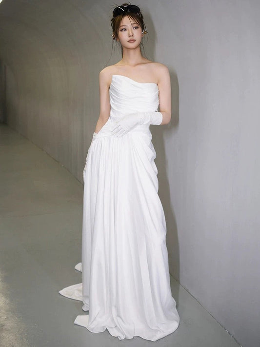 Unique Mermaid Sweetheart Pleats White Satin Ruffles Wedding Dresses SD2091