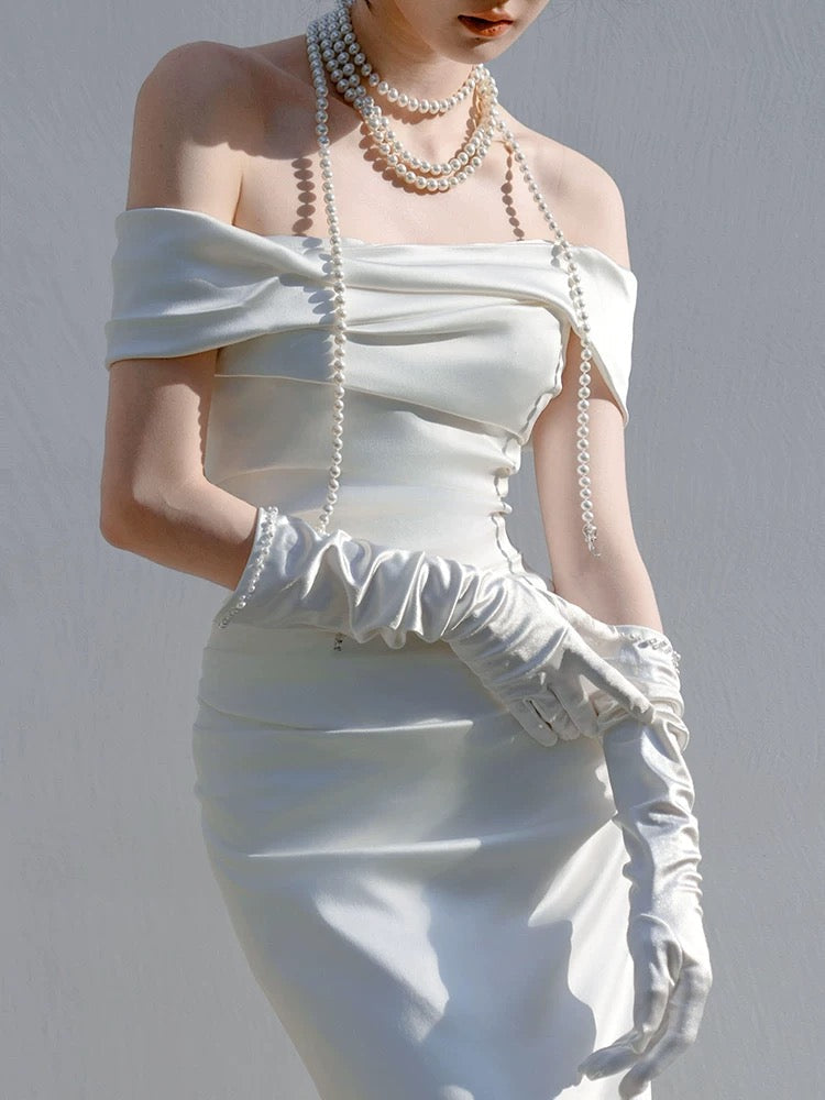 Unique Mermaid Off The Shoulder Pleats Satin Wedding Dresses Brides Dress SD2093