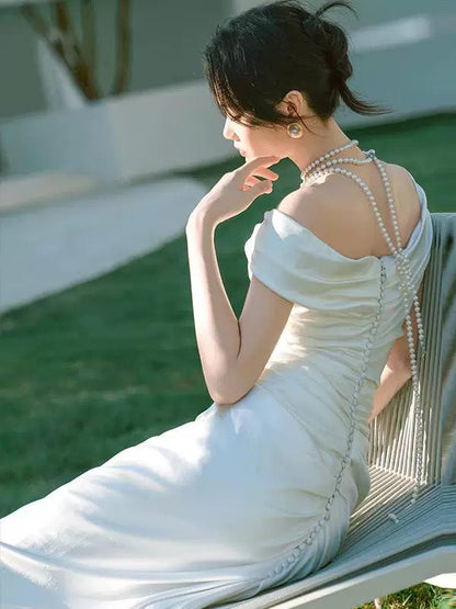 Unique Mermaid Off The Shoulder Pleats Satin Wedding Dresses Brides Dress SD2093