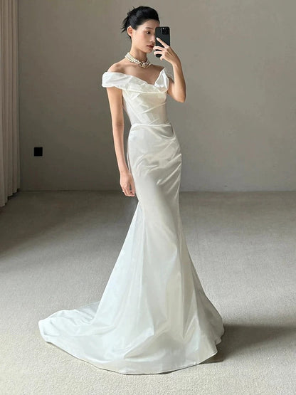 Unique Mermaid Off The Shoulder Pleats Satin Short Sleeves Wedding Dresses Brides Dress SD2099