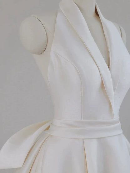 Unique Ball Gown Halter Neckline Satin Pleats White Wedding Dresses SD2113