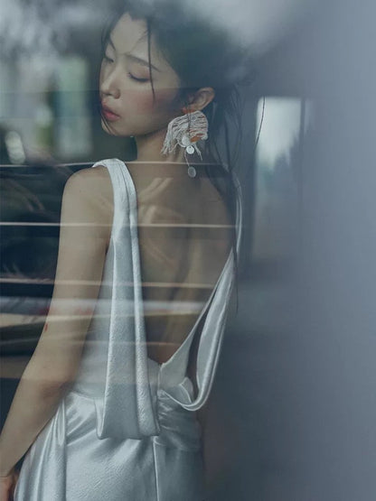 Timeless A line Straps White Satin Long Wedding Dresses Bridal Dress SD2143