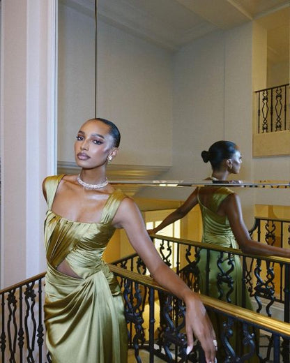 Fancy A line Square Neckline Green Satin Long Prom Dress Evening Dress Formal Dress SD2170