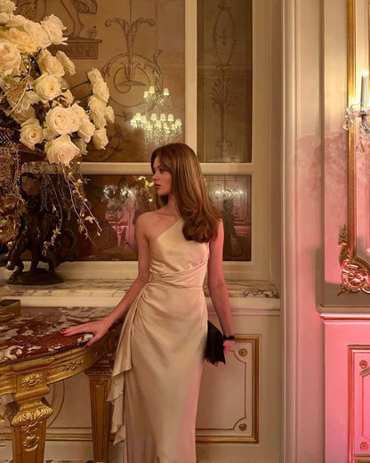 Fancy Mermaid One Shoulder Champagne Long Prom Dress Evening Dress Formal Dress SD2188