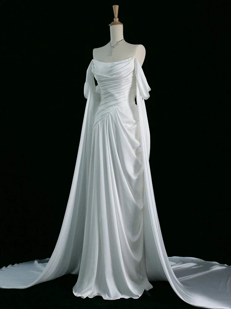 Vintage A Line Off The Shoulder Satin Prom Dresses Long Evening Gown Formal Party Dress SD2199