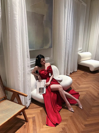 Sexy A Line Strapless Wine Red Slit Prom Dresses Long Party Dress SD2267