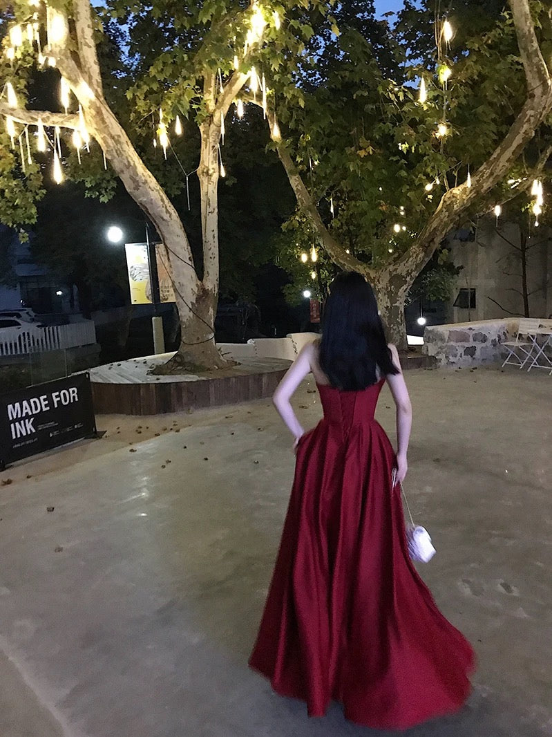 Sexy A Line Strapless Wine Red Slit Prom Dresses Long Party Dress SD2267