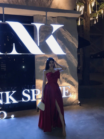 Sexy A Line Strapless Wine Red Slit Prom Dresses Long Party Dress SD2267