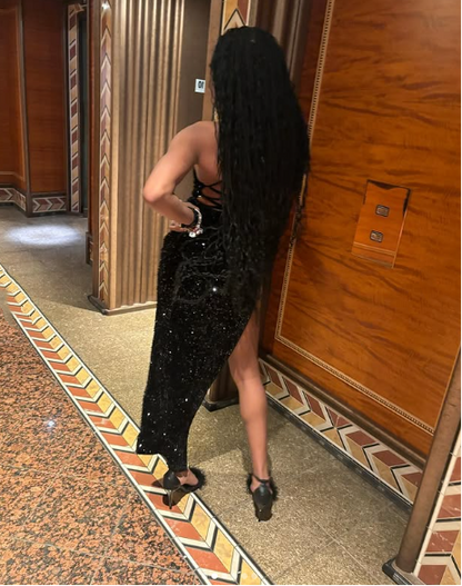 Sexy Mermaid Spaghetti Straps Sequin Slit Black Long Prom Dresses Party Dress SD2282