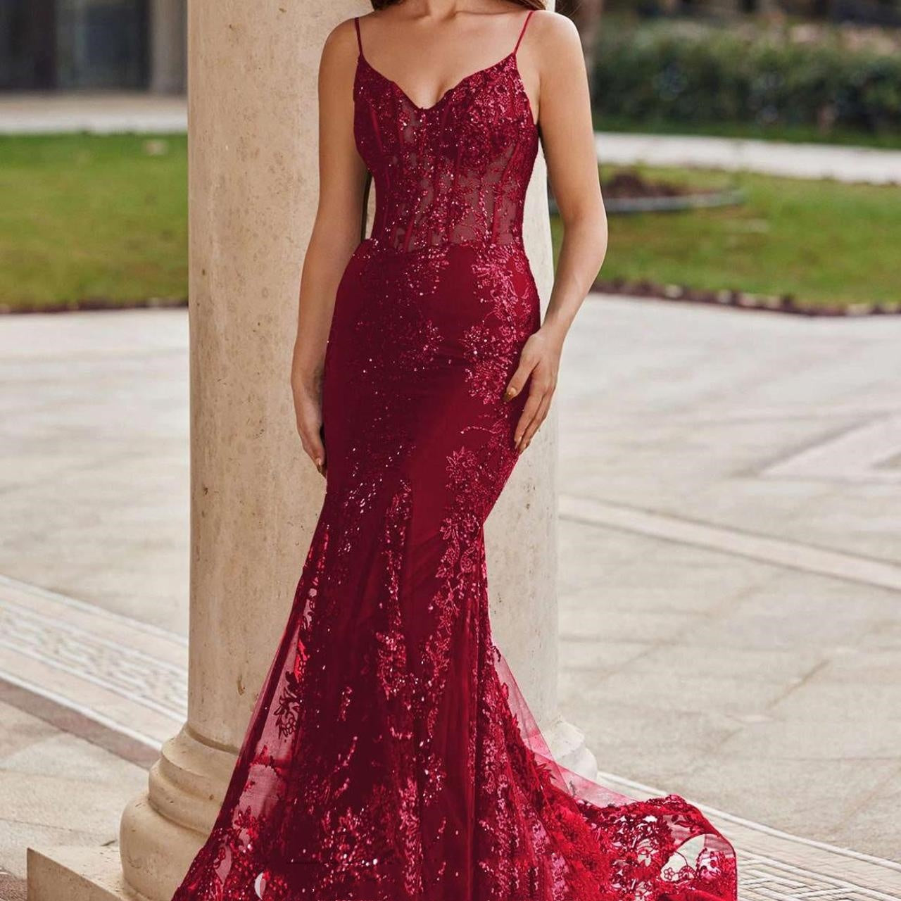 Pretty Mermaid Spaghetti Straps Burgundy Lace Prom Dresses Long Party Dress SD2287