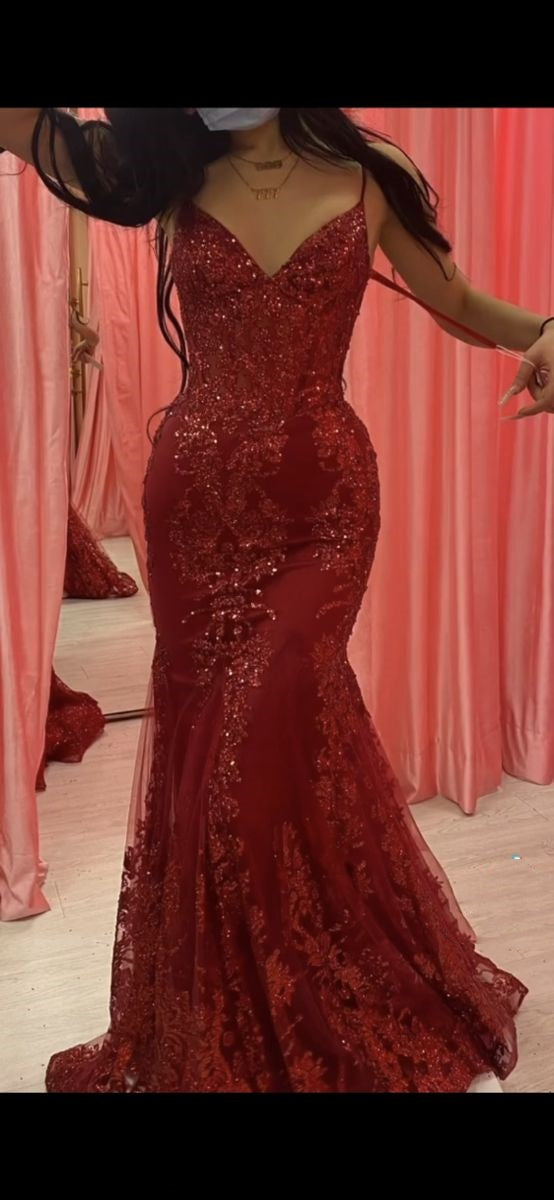 Pretty Mermaid Spaghetti Straps Burgundy Lace Prom Dresses Long Party Dress SD2287