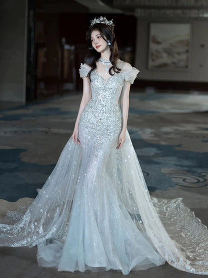 Pretty Mermaid Off The Shoulder Tulle Silver Beads Long Prom Dresses Formal Evening Dress SD2311