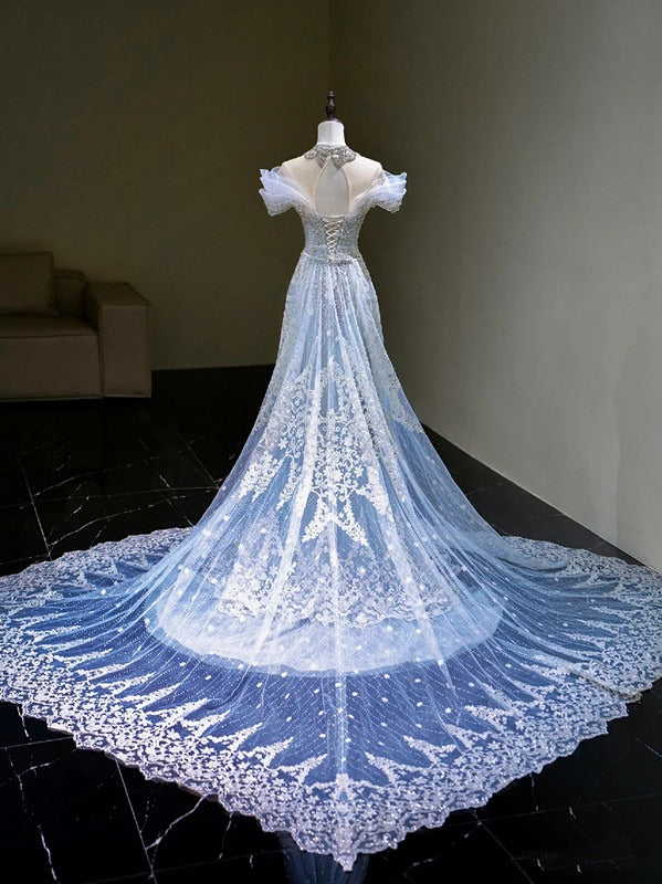 Pretty Mermaid Off The Shoulder Tulle Silver Beads Long Prom Dresses Formal Evening Dress SD2311