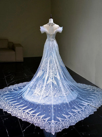 Pretty Mermaid Off The Shoulder Tulle Silver Beads Long Prom Dresses Formal Evening Dress SD2311