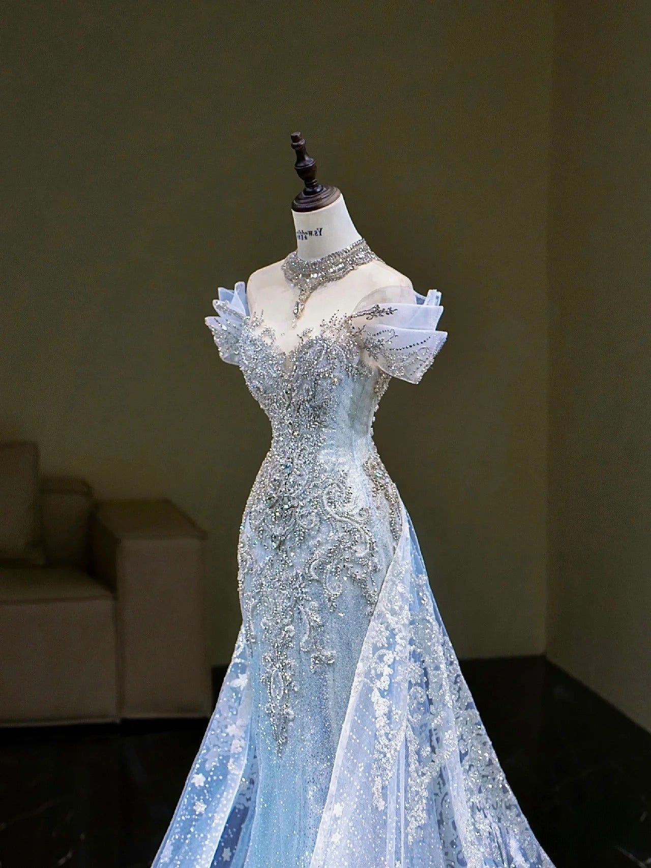 Pretty Mermaid Off The Shoulder Tulle Silver Beads Long Prom Dresses Formal Evening Dress SD2311