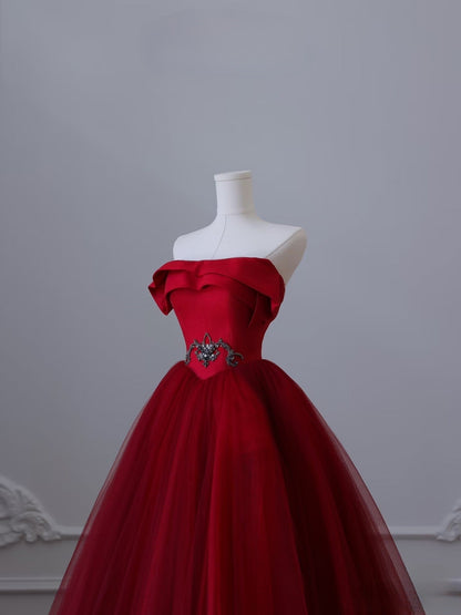 Pretty Ball Gown Strapless Burgundy Tulle Long Prom Dresses Evening Gowns SD2322