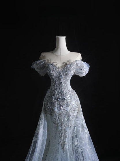 Pretty Mermaid Off The Shoulder Beads Long Prom Dresses Formal Evening Dress SD2333