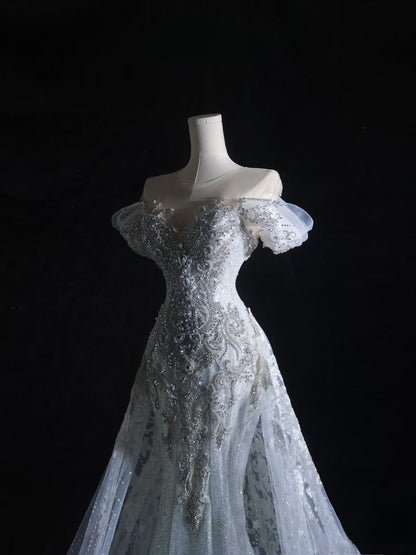 Pretty Mermaid Off The Shoulder Beads Long Prom Dresses Formal Evening Dress SD2333