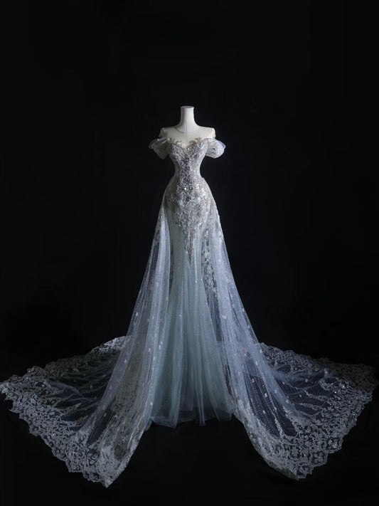 Pretty Mermaid Off The Shoulder Beads Long Prom Dresses Formal Evening Dress SD2333